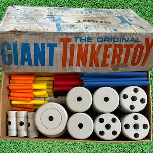 RARE Vintage GIANT Tinker Toy Set - Questor Education Products Co., No. 5300 - 1970s, plastic, orig. box - retro, kids, children, building