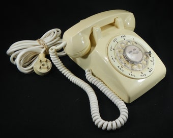 Vintage Beige Rotary Telephone - Bell System by Western Electric, 1980s - phone, old school, retro, dial, desk top, untested, off-white