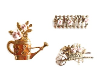 Vintage 1928 Pin or Brooch - CHOICE, goldtone -1980s - watering can, wheelbarrow, picket fence, pink roses, pearls, gardener gift