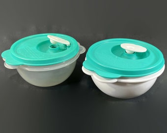 Vintage Tupperware One Touch Bowl, Lid - CHOICE, white or sheer bowl, green lid, #2514 - 16 oz, food storage, picnic, lunch, kitchen, snack