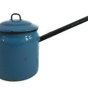 Vintage Enamelware Sauce Pan Pot, Lid, Long Handle -blue, black trim- rustic, country kitchen, primitive, camping, farmhouse, cottage, retro