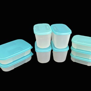 Vintage Tupperware Mates Canister Set – Set of 9 – Sheer, Teal Lid – Mini 1 (#2086), Mini 2 (#2087), Small 1 (#2089) – Retro Kitchen Storage