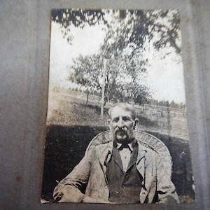 Antique B&W Portrait of an Older Man Sitting Outside in Chair - vintage, adult, male, father, uncle, grandfather, photo, photograph,original