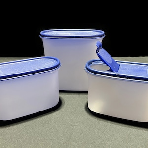 Vintage Tupperware Canisters, Lids - SET of 3, Mod Mates Oval 2, 3, sheer, dark blue lids, 1612, 1613 - kitchen pantry, bulk food storage