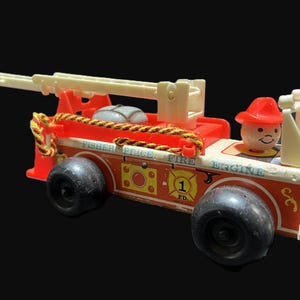 Vintage Fisher Price Play Family Fire Engine #720 - 1970s, fire truck, vehicle, 2-pc. ladder - retro, child toy, kids, pretend play