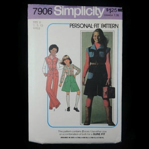 May include: Simplicity sewing pattern number 7906 for girls sizes 8-10. The pattern is for a personal fit and includes a dress and a pantsuit. The pattern cover features three girls wearing the garments.
