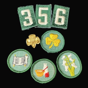May include: A collection of vintage Girl Scout patches and pins. The image features green and white embroidered patches with the numbers 3, 5, and 6. There are also round patches with embroidered designs, including a shamrock and a scroll.
