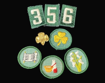 Vintage Girl Scout Badges, Patches, Pin - 1950s-60s - membership pin, clover, World Thinking Day, lily-of-the-valley, scroll, cooking/baking