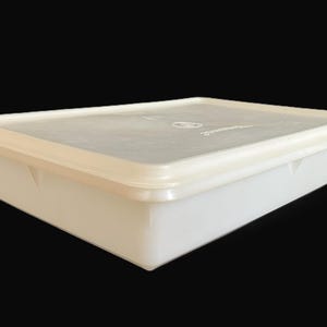 May include: A rectangular, off-white plastic storage container with a matching lid. The lid features a small circular embossed logo and the text "Tupperware" printed on the surface. The container has a smooth, matte finish and a low profile.