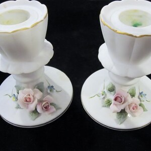 Vintage Lefton Candle Holders with Roses - pink, blue, green leaves, hand painted, porcelain, marked &quot;1848W&quot; - flowers, floral, home decor