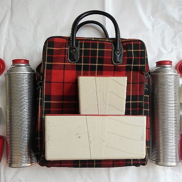 RARE Vintage Dual Thermos Picnic Set Carry Case - tartan plaid, 4 cups, 2 food containers - 1960s- camping, tailgating, food storage, coffee