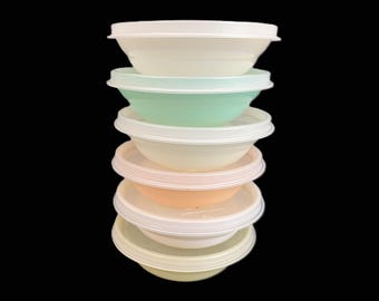 Vintage Tupperware Small Pastel Bowls, Lids -#154, set of 6, pastel colors, sheer, 1650s - sauce dish, cereal, berry bowl, kitchen, lunchbox