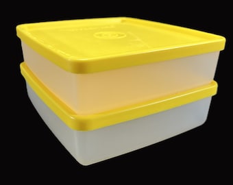 Vintage Tupperware Square-A-Way Containers, Lids - set of 2, sheer, yellow, #670 - sandwich, craft storage, kitchen, leftover, lunchbox