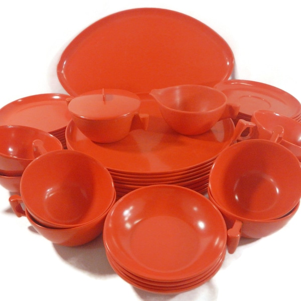 Vintage Spaulding Ware Dinnerware - coral/orange/red, 39 pcs - 1950s- retro kitchen, melmac, melamine, plastic- plates, bowls, cups, saucers