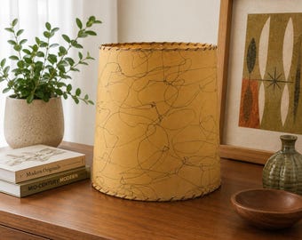 Vintage MCM Fiberglass Drum Lamp Shade, Atomic Scribble Splatter Design, Large 15 Inch, Whipstitched Edge, Mid Century Modern Lighting Decor