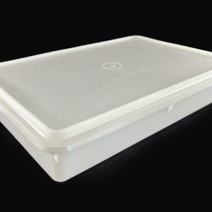 May include: A rectangular, translucent white plastic container with a matching lid. The lid has a slightly raised edge and a small, circular logo in the center. The container is designed for food storage and organization.
