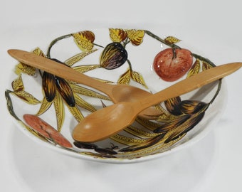 Vintage Pasta or Salad Bowl & Utensils - made in Italy, ceramic, wood fork, spoon, 11.5", yellow, brown, green, red- wooden, kitchen,serving