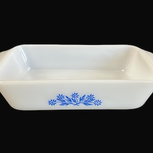 Vintage Anchor Hocking Fire King Cornflower Loaf Pan - 441, white milk glass, blue floral design - 1 quart, bakeware, ovenware, farmhouse