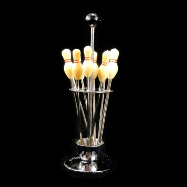 Vintage Bowling Pins/Ball Cocktail Picks/Appetizer Forks, Stand - set of 10, 1950s, New Shon - hors d'oeuvres, barware, mancave, mid century
