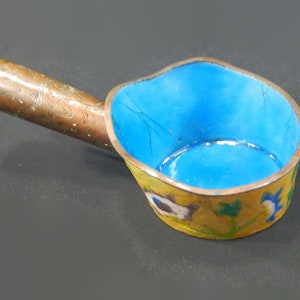 Vintage Chinese Copper Coal Silk Iron with Handle - enamel floral design, blue interior, scoop, metal, home decor, China, Asian, collectible