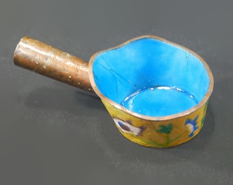 Vintage Chinese Copper Coal Silk Iron with Handle - enamel floral design, blue interior, scoop, metal, home decor, China, Asian, collectible