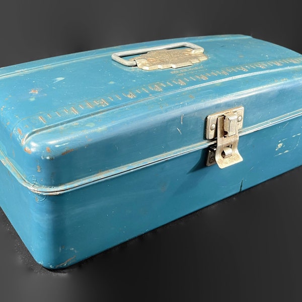 Vintage Metal Tackle Box - Union Utility Chest, turquoise - man cave decor, industrial, rustic, photo prop,storage, rusty patina, teal blue