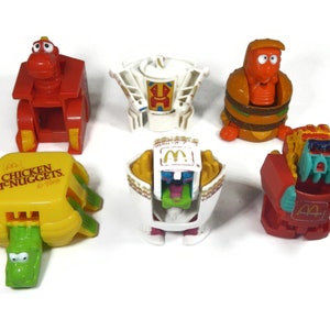 Vintage McDonald Happy Meal Changeables - transform, set of 6, 1980-90s - collectible, Big Mac, nuggets, drink cup Krypto, McDino, fries