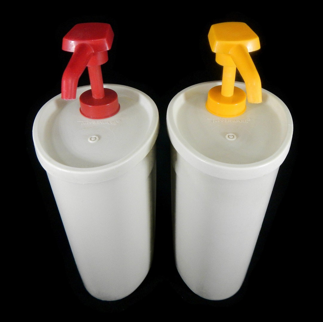 Vintage Tupperware Ketchup Mustard Pump Dispensers Almond, Red, Yellow, 640 Condiment, Catsup