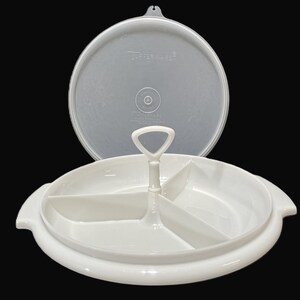 Vintage Tupperware Suzette Server Tray, Lid - 608, white, sheer - retro, party, storage, divided dish, condiments, relish tray, candy, nuts