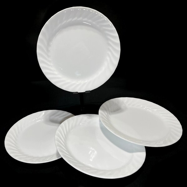 Vintage Corelle Enhancements White Swirl Luncheon Plates - Set of 4, 9" diam, 1990s - Corning, stoneware, dinnerware, discontinued, dining