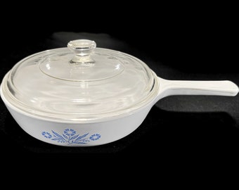 Vintage CorningWare Cornflower Blue Skillet with Lid, P-83-B -1970s- 6-1/2 inch, retro kitchen, ovenware, white, cooking, baking, oven, dish