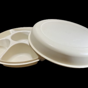 Vintage Tupperware Serving Center - 2 pc divided veggie tray, #1665, almond, cover - condiment, storage, buffet, appetizers, party, picnic