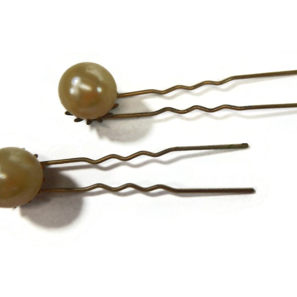 Vintage Pair of Hair Pins - gold-tone, faux pearl - bobby pin, bridal, prom, formal, wedding, hairstyle, hair accessories, simple, classic