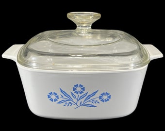 Vintage CorningWare Cornflower Blue Square Casserole with Lid- 1.5 quart, lidded, retro kitchen, ovenware, white, cooking, baking, oven dish