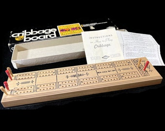 Vintage Wooden Cribbage Board - game, 1968, E S Lowe, #1503, cards, wood pegs, card game, party fun, 2-4 players, family game night