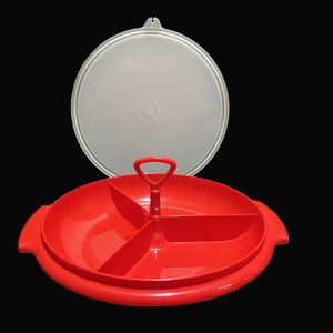 Vintage Tupperware Suzette Server Tray, Lid - 608, red, sheer - retro, party, storage, divided dish, condiments, candy, nuts, relish tray
