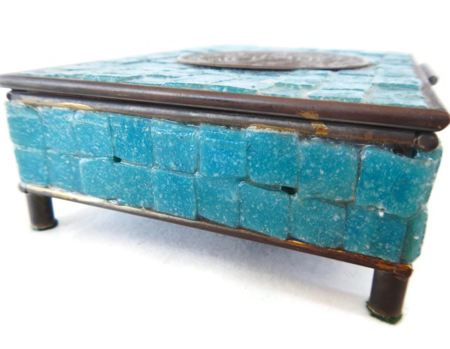 RARE Vintage Mexican Brass and Turquoise Trinket Box - Aztec RARE Vintage Mexican Brass and Turquoise Trinket Box - Aztec