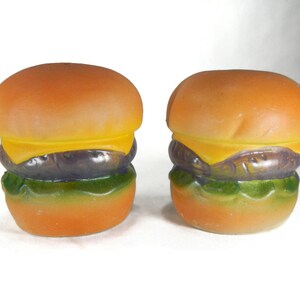 Vintage Cheeseburger Salt & Pepper Shakers - brown, yellow, green, plastic stopper - collectible, collector, kitchen, decor, burger, food
