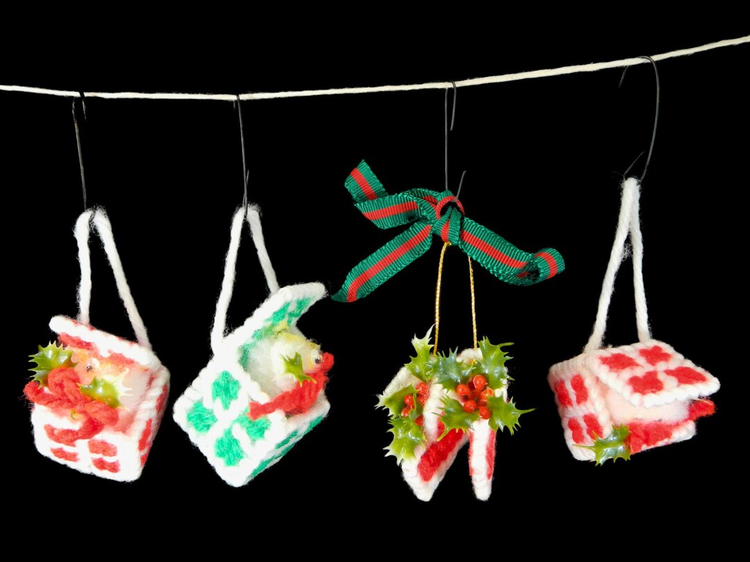 Vintage Christmas Tree Ornaments, Set of 4 - Handmade, Needlepoint