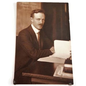 Vintage Businessman Photograph - man at desk, work, business suit, mustache, antique, sepia, photo, original, scrapbooking, photography