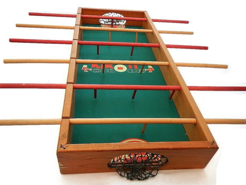Vintage Carrom Kik It Foosball Game No Ntk7 6 Player Sticks Wooden Nets Soccer Green Red Yellow Game Room Decor Mancave Wood