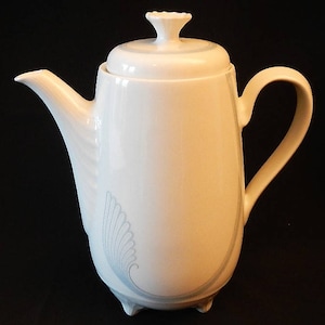 Vintage Schirnding Bavaria Coffeepot Teapot - #117, white, blue/gray seashell wave design, footed - mid-century- W. Germany,dishwasher proof