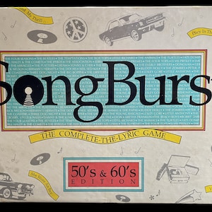 May include: A vintage-style game box for "SongBurst: The Complete-The-Lyric Game" with a blue and yellow design. The box features a record player, a car, and a guitar. The text "50's & 60's Edition" is printed in red on a white background.