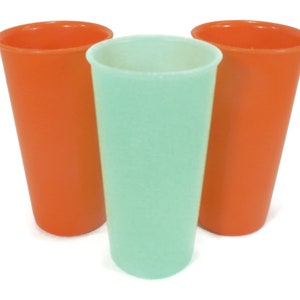 Vintage Set of 3 Tupperware Tumblers, Glasses, 6 oz - green, orange, 117 -small, juice, retro, kitchen, duck dynasty, children, kids cups
