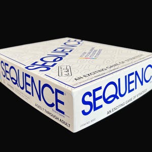 May include: A white box with blue text that reads "SEQUENCE" on the front and side. The box is for a board game that is for ages 7 through adult. The item number is 8002.