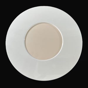 May include: A white ceramic plate with a smaller, off-white circular plate in the center.