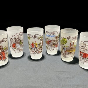 Vintage Currier & Ives Tumblers - set of 6, frosted drinking glasses, different scenes, 12 oz - glassware, barware, retro, MCM, collectible