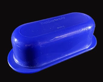 Vintage Tupperware Impressions Butter Dish/Tray, Lid - dark cobalt blue, single stick 1/4 lb. size, #5080 - cottage decor, kitchen, dining