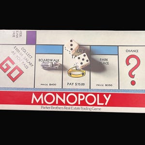 May include: Monopoly board game with dice on top. The board features property spaces like Boardwalk and Park Place, and the text "GO" and "Chance". The game is made by Parker Brothers.
