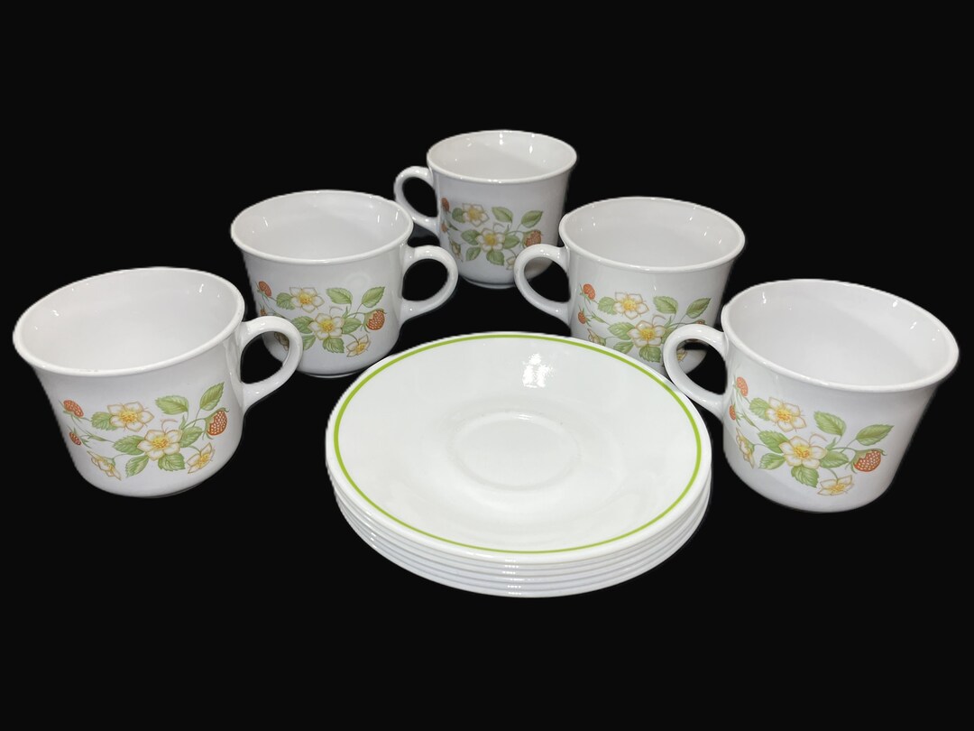 Vintage Corelle Strawberry Sundae Cups Saucers Set of Cups, Saucers  1980s, White Coffee, Tea, Pyrex, Corningware, Retro, Retired
